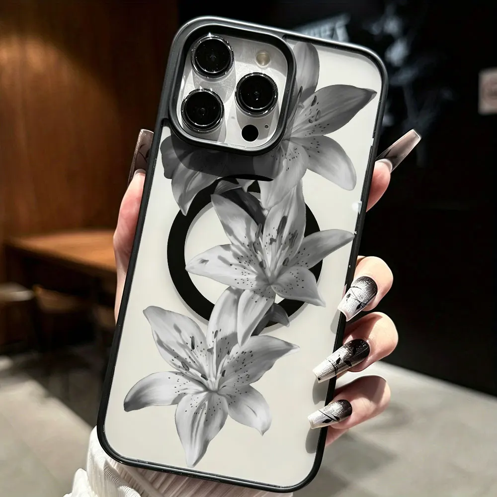 Фото Минималистичный силиконовый акриловый чехол с цветочным узором для iPhone 15, 17, 16 Pro Max, 14, 13, 12, 11, 16, 14, 15 Plus, 17 Air, черный, белый, с лилиями №4