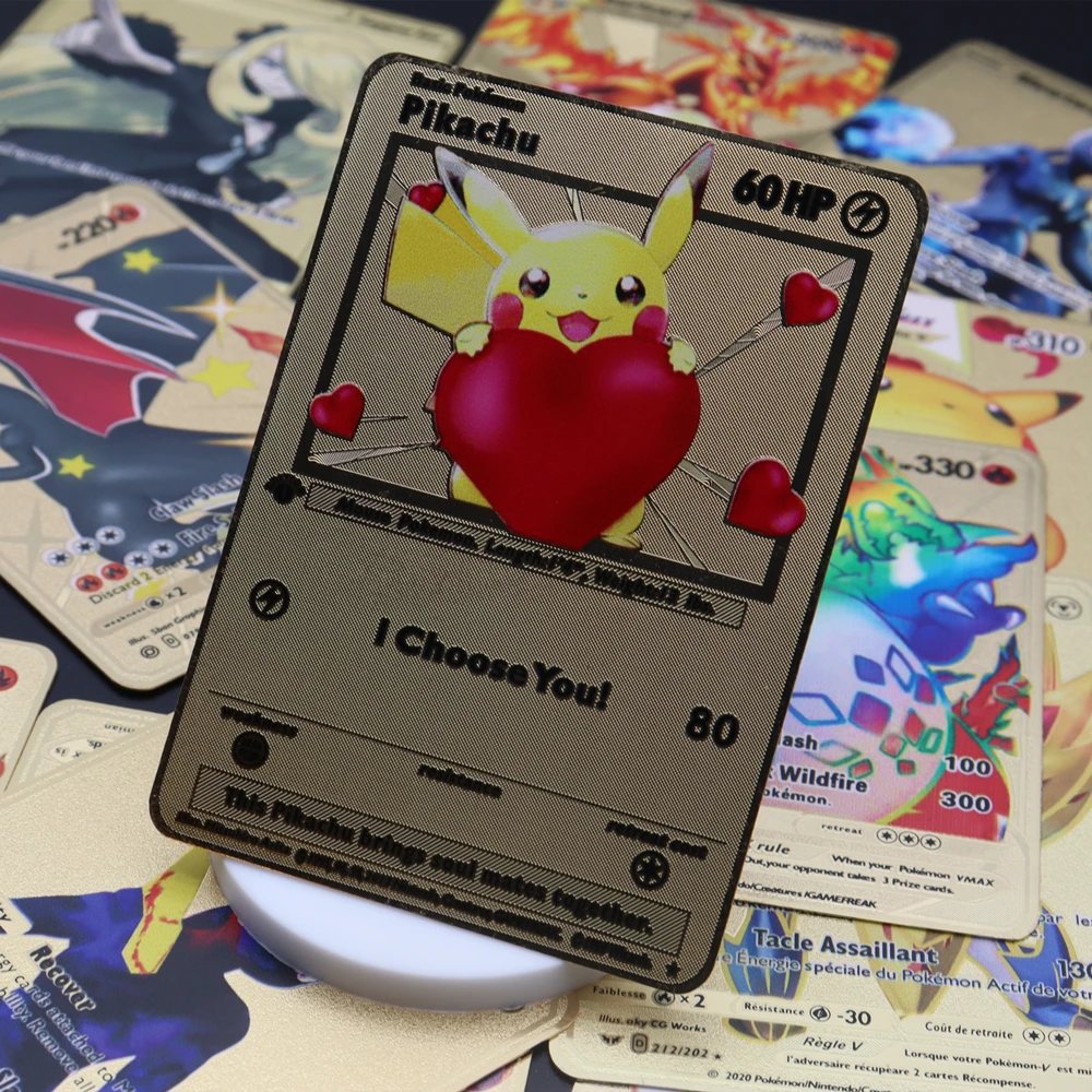 

Style Kawaii Pokemon Metal Game Gold Trading Card Golden Collection Birthday Gift Kids GX V VMAX Animation Collectibles Pikachu