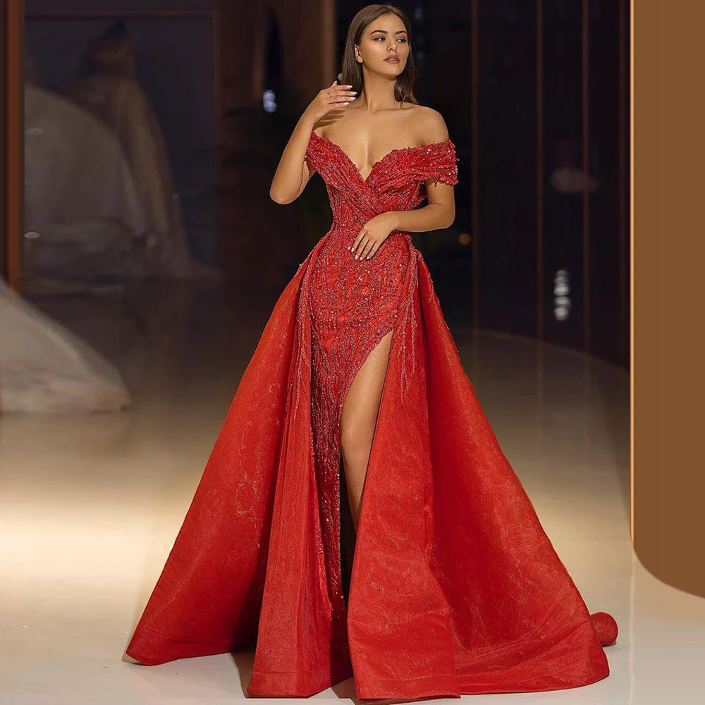 

Sexy Off Shoulder Sleeveless Backless Long Maxi Dress Prom Wedding Evening Party Dress Women Elegant High Slit Red Mermaid Dress