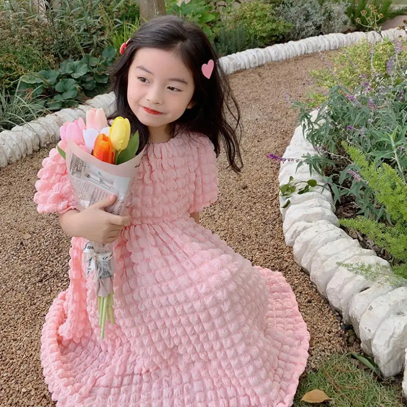 

Детское платье принцессы, розовое платье с коротким рукавом-фонариком, весна-лето