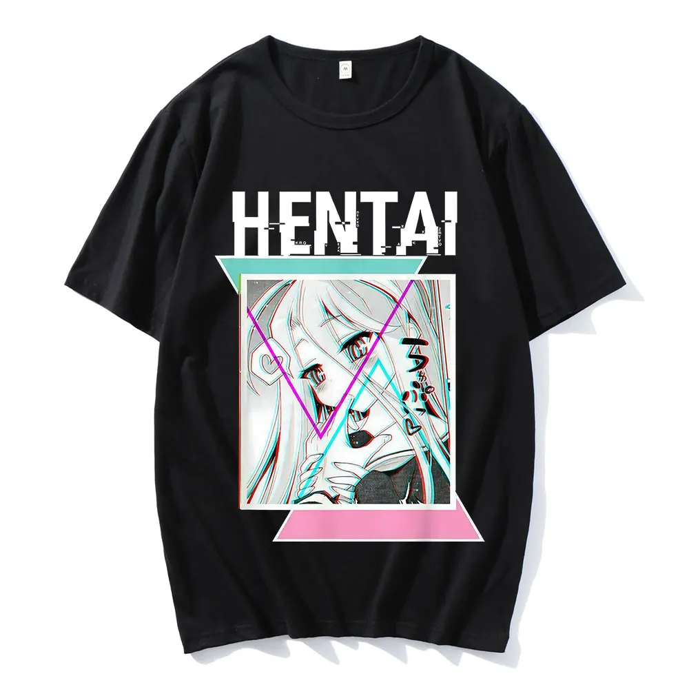 Harajuku Men T-Shirt Sexy Senpai Love Hentai Ahegao Otaku Vaporwave Black Short Sleeve T Shirt Streetwear Unisex Clothes Top Y2k