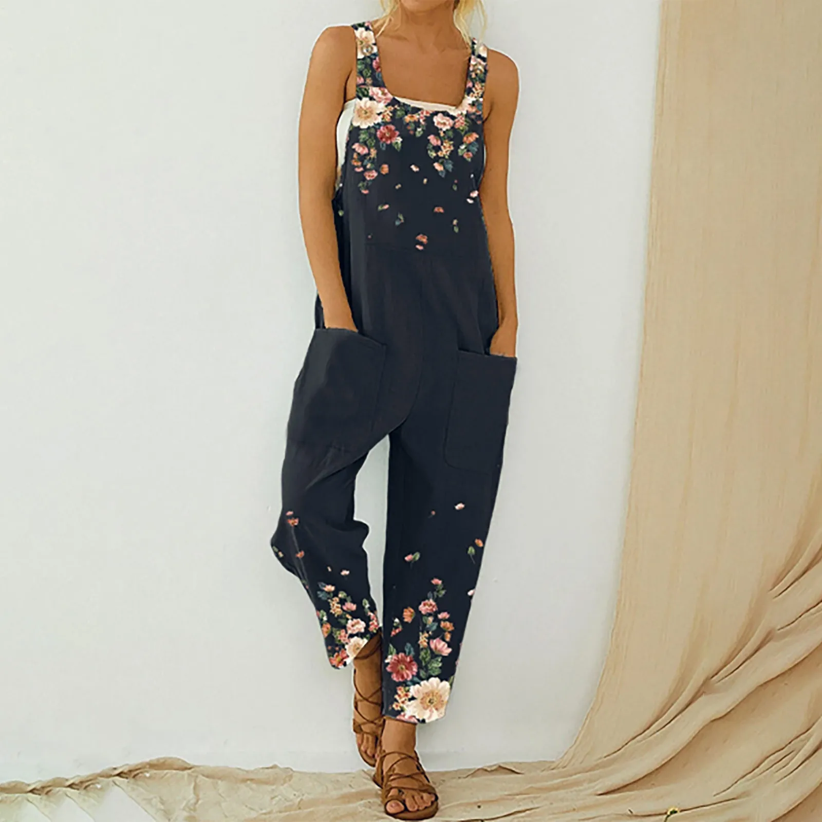 

Summer Women Ladies Playsuit Party Jumpsuit Womens Fashion Wide Leg Pants Overalls Rompers Printed Buttons Suspender Jumpsuit
