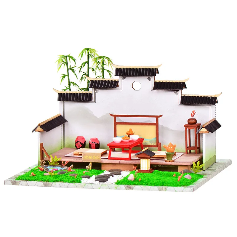 

New Wooden Doll House Miniature Furniture Accessory kit Tea Court Dollhouse DIY Assembly Toys Children Birthday Gift Casa