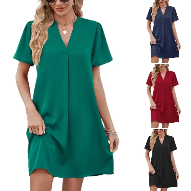 

Платье женское однотонное с V-образным вырезом и коротким рукавом