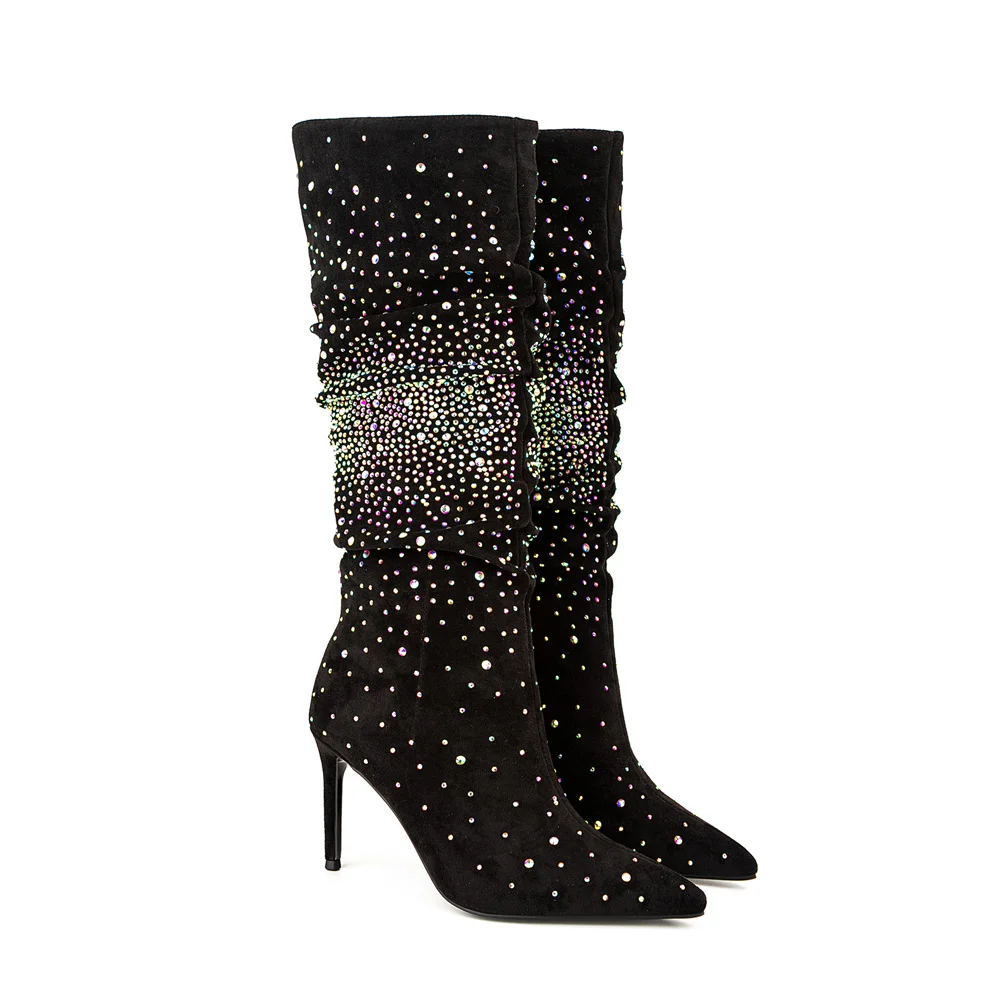 Diamond Medium Sleeve Women's Fashion Knee Length Boots Pointed Toe Stiletto Heels Autumn Crystal Loom Pleated Boots Large 45