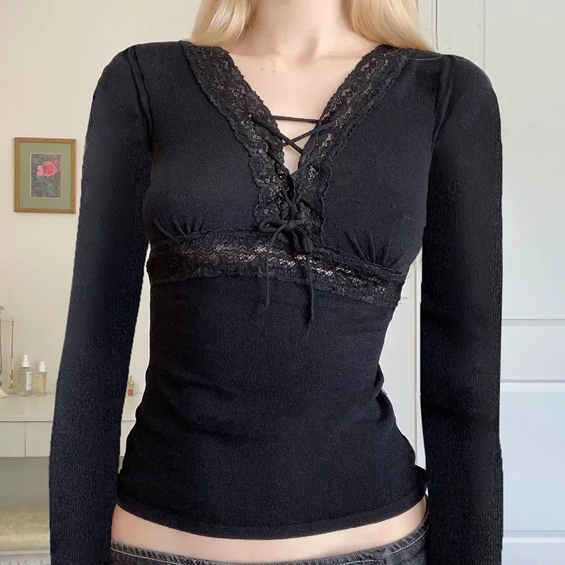 

Tie Up V Neck Vintage Full Sleeve Crop Top Black Lace T Shirt Harajuku Cute Fairycore Autumn Winter Tee Cute Casual