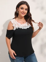 finjani contrast guipure lace cold shoulder tee plus size solid womens tops