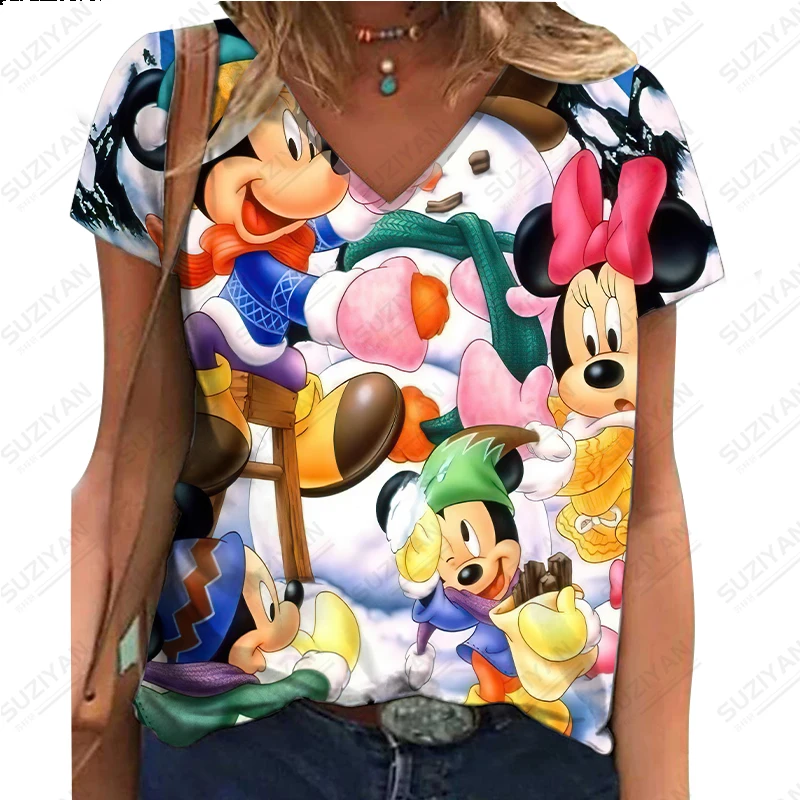 

2023 Women's Summer New Fashion Disney Mickey Mouse 3D Printed Short Sleeve T-shirt Women's V-neck Loose Relaxed Commuter Top