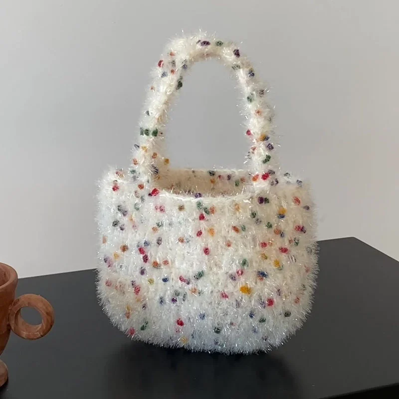 

Autumn and Winter Plush Rainbow Dots Cosmetic Bag Women Mini Handbag Hand Made Woven Tote Bags