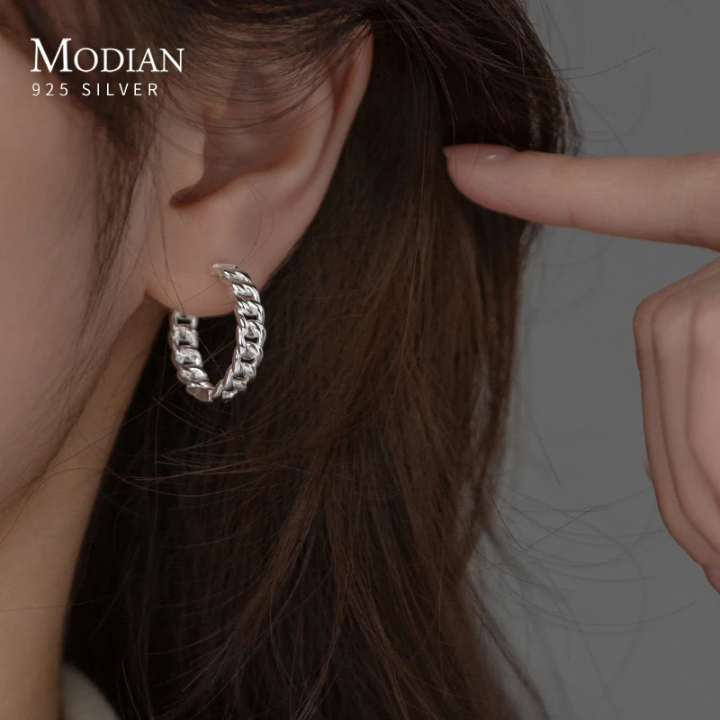 

MODIAN Authentic 925 Sterling Silver Big Link Lock Chain Ear Buckles For Women Fine Jewelry Fashion Geometric Earrings Gift