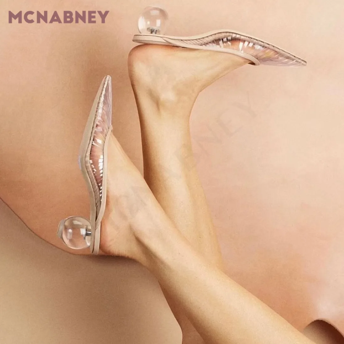 Transparent Ball Heel Muller Slippers Summer Pointed Toe Hollow Crystal Heel Baotou Sandals Temperament Fashion Women's Shoes