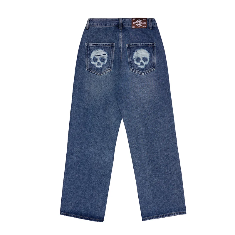 Cross Skull Embroidery Ripped Jeans Mens and Womens High Street Retro Washed Straight Oversized Hole Denim Trousers