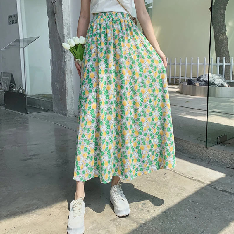 

A Line Midi Faldas Largas Mujer Harajuku Maxi Long High Waist Ladies Korean Style Print A Line Bohemian Ins Floral Elegant Skirt