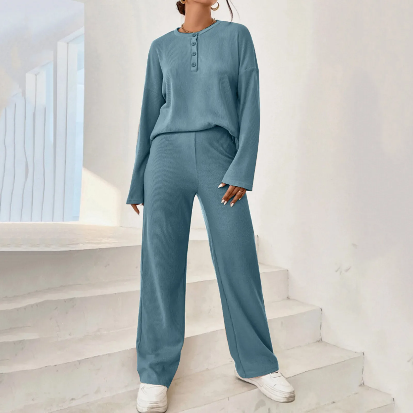 

Homewear Suits For Women 2023 Casual 2 Piece Outfits Long Sleeve Half Button Tee Shirt And Pants Set