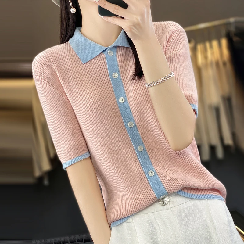 

100% Cotton T-shirt Women's Polo Collar Color Block Cardigan Short Sleeve 2023 Summer New Knitted Sweater Loose Fashion Top