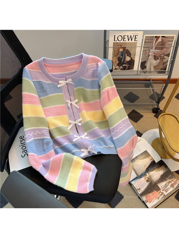 

Женский кардиган в радужную полоску, трикотажный свитер, милый вязаный свитер с длинным рукавом, корейский винтажный джемпер в стиле 1950-х Y2k, осень 2000