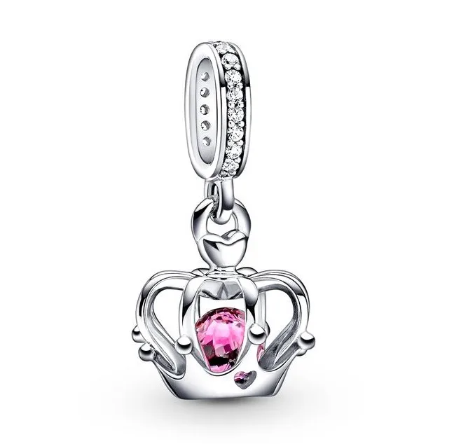 

Authentic 925 Sterling Silver Moments Regal Crown Pink With Crystal Dangle Charm Bead Fit Pandora Bracelet & Necklace