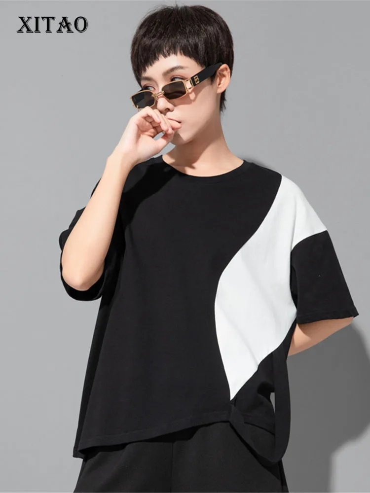 

XITAO, хит, цветная футболка, Модный пуловер, асимметричная плиссированная богиня, веер, повседневный стиль, 2022, летняя свободная футболка, WLD7880