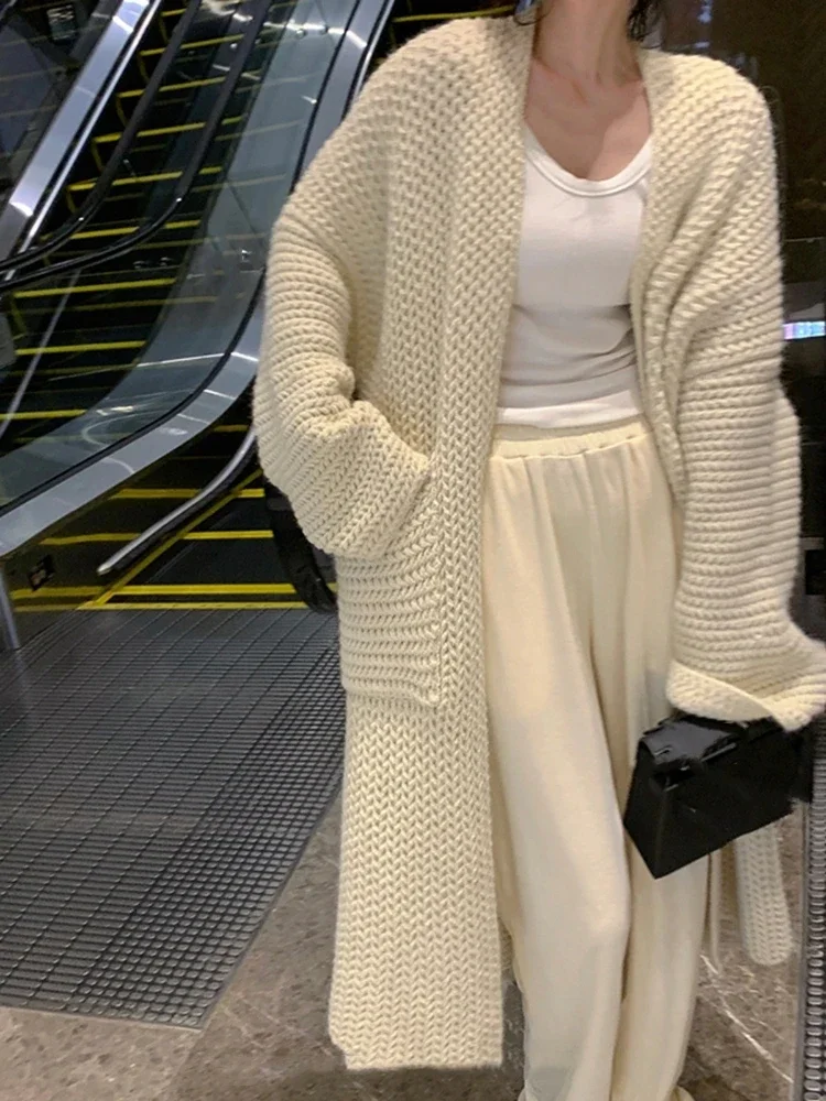 

Длинный свитер, кардиганы, Женский плотный однотонный винтажный Модный вязаный свитер, осенняя свободная элегантная уличная одежда, темпераментные шикарные свитера для женщин