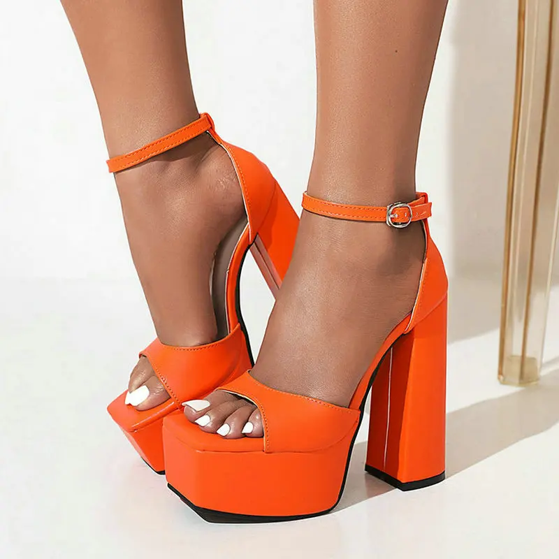 

2022 Summer Women High Heel Shoes Platform Square High Heel Ladies Sandals PU Leather Open Toe PU Leather Shoes Plus Size 43