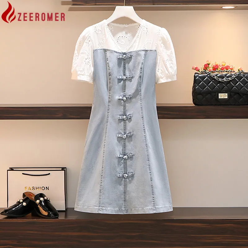 

ZEEROMRE 2022 Summer Elegant A-Line Dress Women Fashion Short Sleeve V neck Lace Patchwork Denim Single Breasted Dress L-4XL