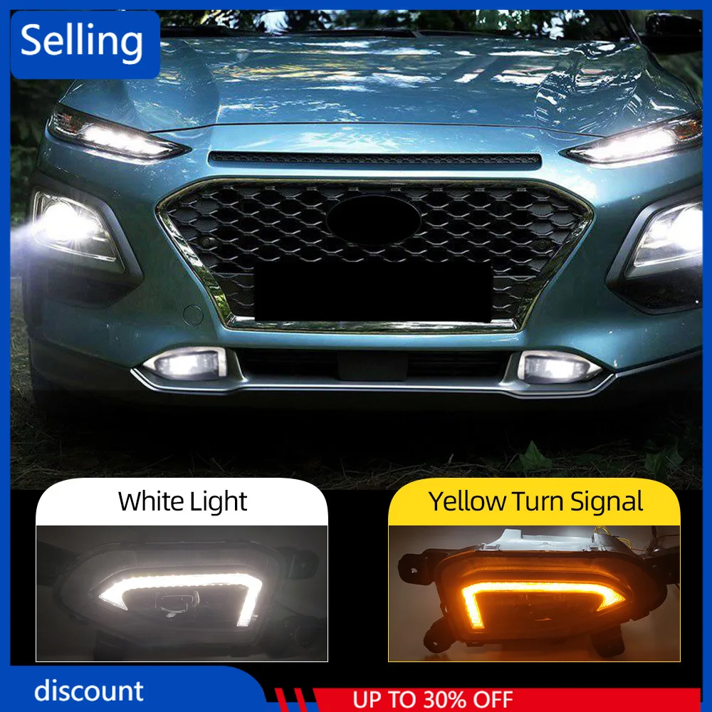 

2pcs Fog lamp For Hyundai Kona 2017 2018 2019 2020 Yellow Turn Signal Function Car DRL Lamp LED Daytime Running Light FAST