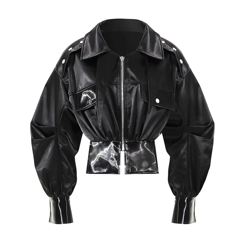 

Y2K Style Women Autumn Winter Cropped Jacket Fashion Black Zipper Front PU Leather Patchwork Short Parkas Coat