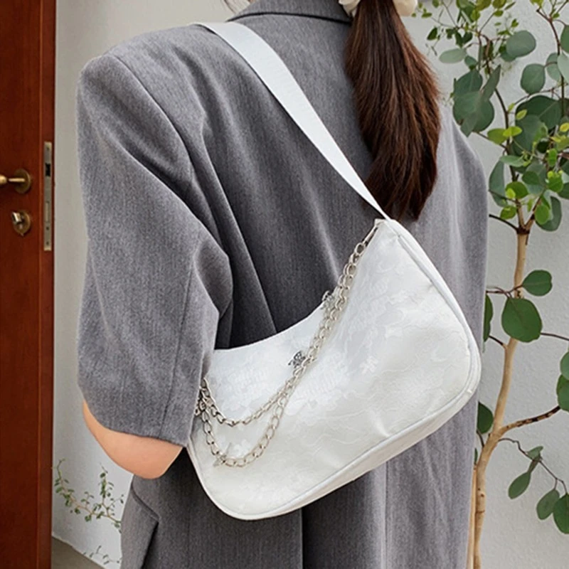 

Fashion Women Small Wallet Shoulder Underarm Bag Solid Color Handbag Zipper Lace Retro Chain Butterfly Decoration Purse Handbag