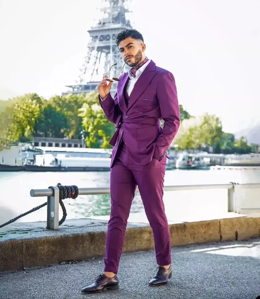 Мужской костюм фиолетового цвета, Блейзер, жилет, брюки, смокинг, однобортный с поясом, приталенный силуэт, для свадьбы, выпускного вечера, 3 шт.