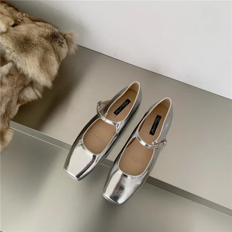 

2023 Spring Square Toe Ballet Shoes Fashion Low Heel Mary Jane Shoes Casaul Silver Shallow Buckle Soft Sole Shoes