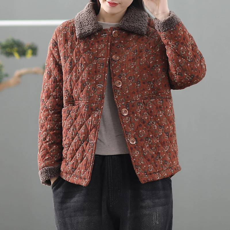 Winter Women Coat Thick Retro Floral Cotton-padded Warm Wool Long Sleeve Vintage Women Coat YoYiKamomo