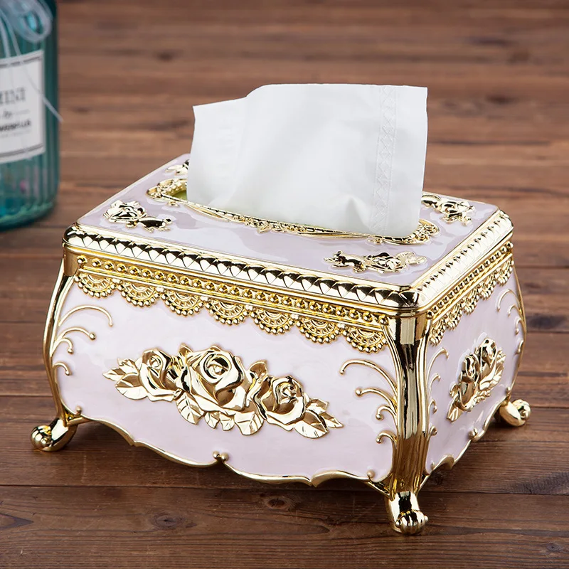 

European Napkin Box Dinner Desktop Living Room Plastic Engraved Rose Tissue Dispenser Storage Napkin Box Organizer Decorative
