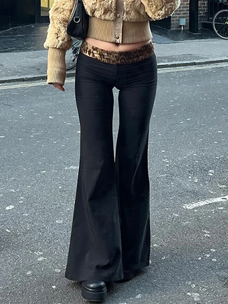 Women's Flared Pants Summer Leopard Print Waistband Low Rise Stretchy Full Length Pull-On Trousers Streetwear Going Out