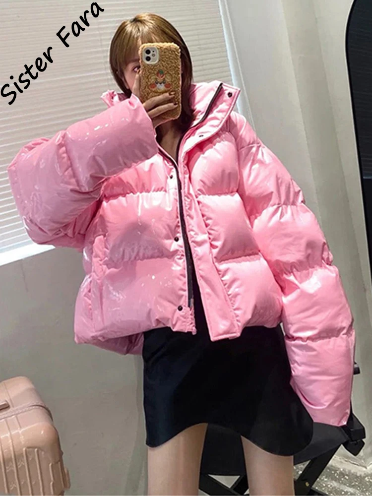 

Sister Fara Short Stand Collar Glossy Down Jacket Women Loose Casual Warm Thicken Solid Parka White Duck Down Down Coat Jacket