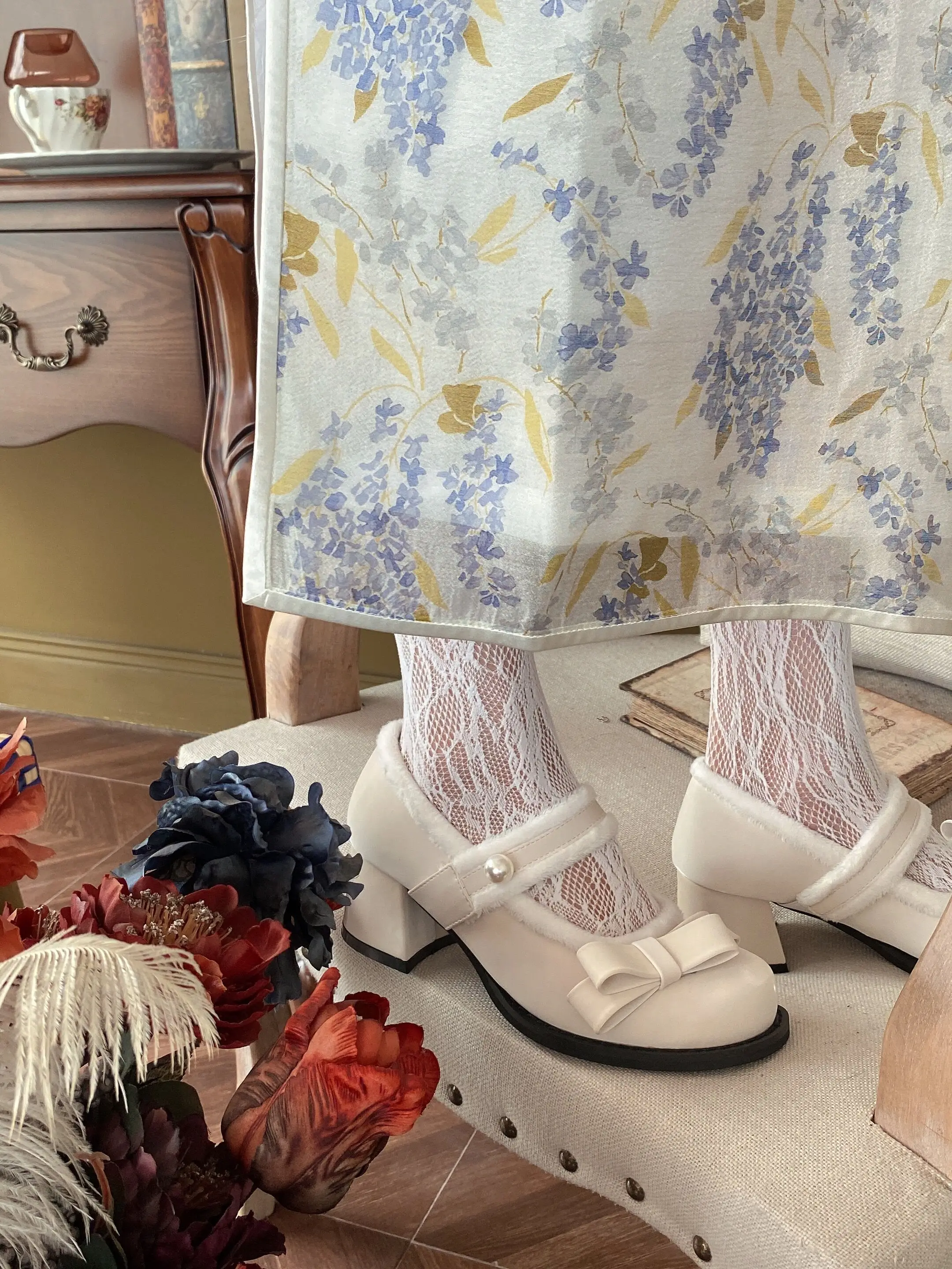 

Туфли-лодочки с круглым носком для девочек, милая обувь на среднем каблуке из меха норки, с подкладкой на среднем каблуке, в китайском стиле, ...