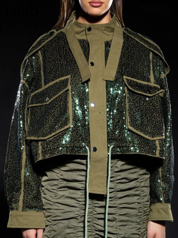 

LGRQ Color Contrast Splicing Design Women's Street Wear Sequins Decorate Jackets Pockets Coats Female Fashion Clothes 19F1922