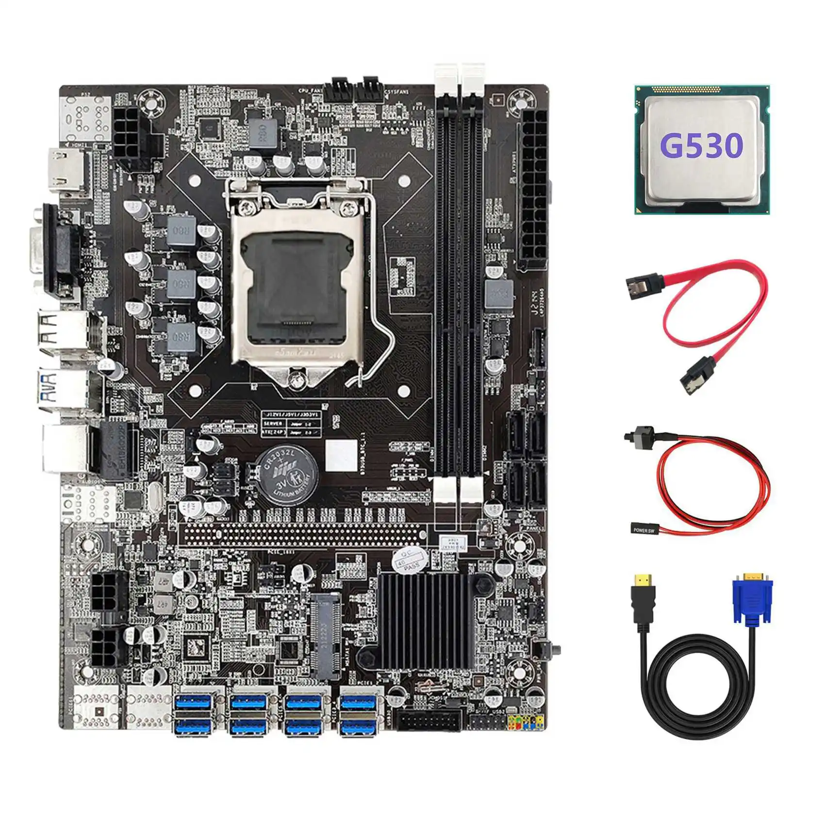 B75 ETH Mining Motherboard 8XPCIE to USB+G530 CPU+HD to VGA Cable+SATA Cable+Switch Cable LGA1155 B75 USB Motherboard