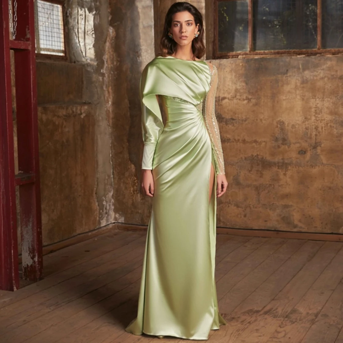 

High Neck Long Sleeve Women's Dress Light Green Satin Dress Floor Length Evening Dresses See Through Sequins Sleeve Woman Dress