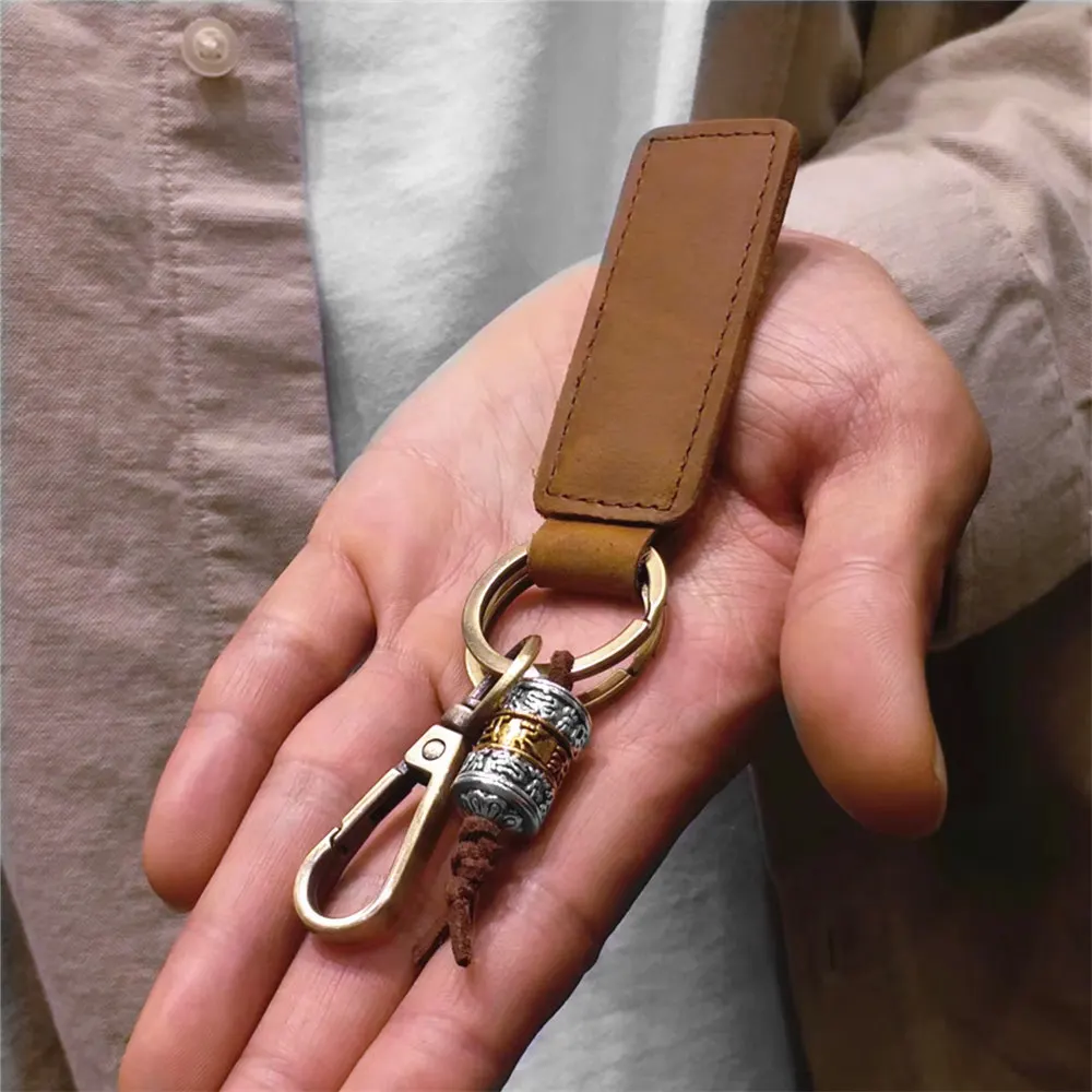 

Tibetan Buddha Prayer Wheel Handmade Genuine Leather Key Chain Good Luck Key Holders Key Ring Amulet Pendant Keychain Gifts