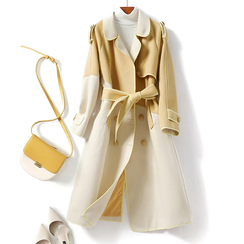 

Женское шерстяное пальто с контрастными краями, Элегантная куртка средней длины с поясом на осень и зиму, 2022