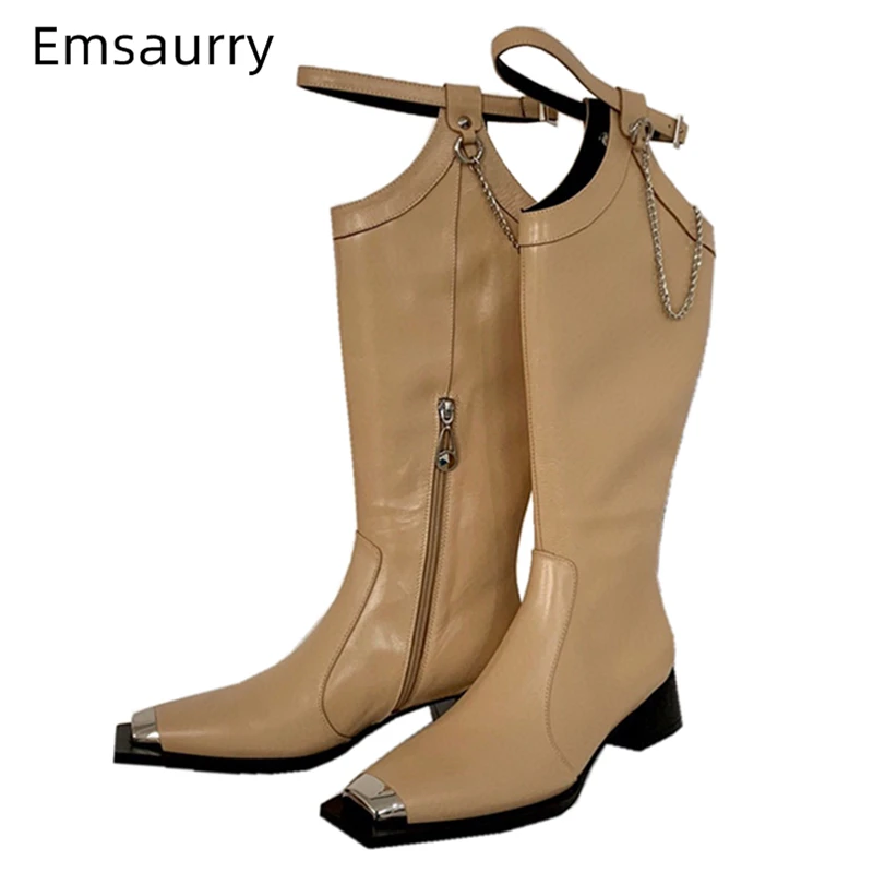 

Женские ботинки из натуральной кожи, с квадратным носком и цепочками