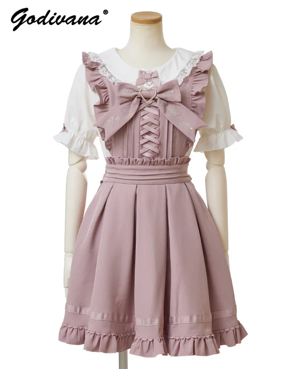 

Japanese Liz Lady Girls Sweet Suspender Dress Retro Mine Mass-Produced Bow Cross Strap Sleeveless JSK Dress