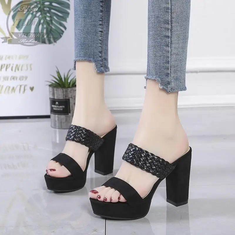 Women New 2022 NEW Summer High Heels Female Luxury Open Toe Weave Design Sandals Ladies Chunky Heel Pull-on Wedge