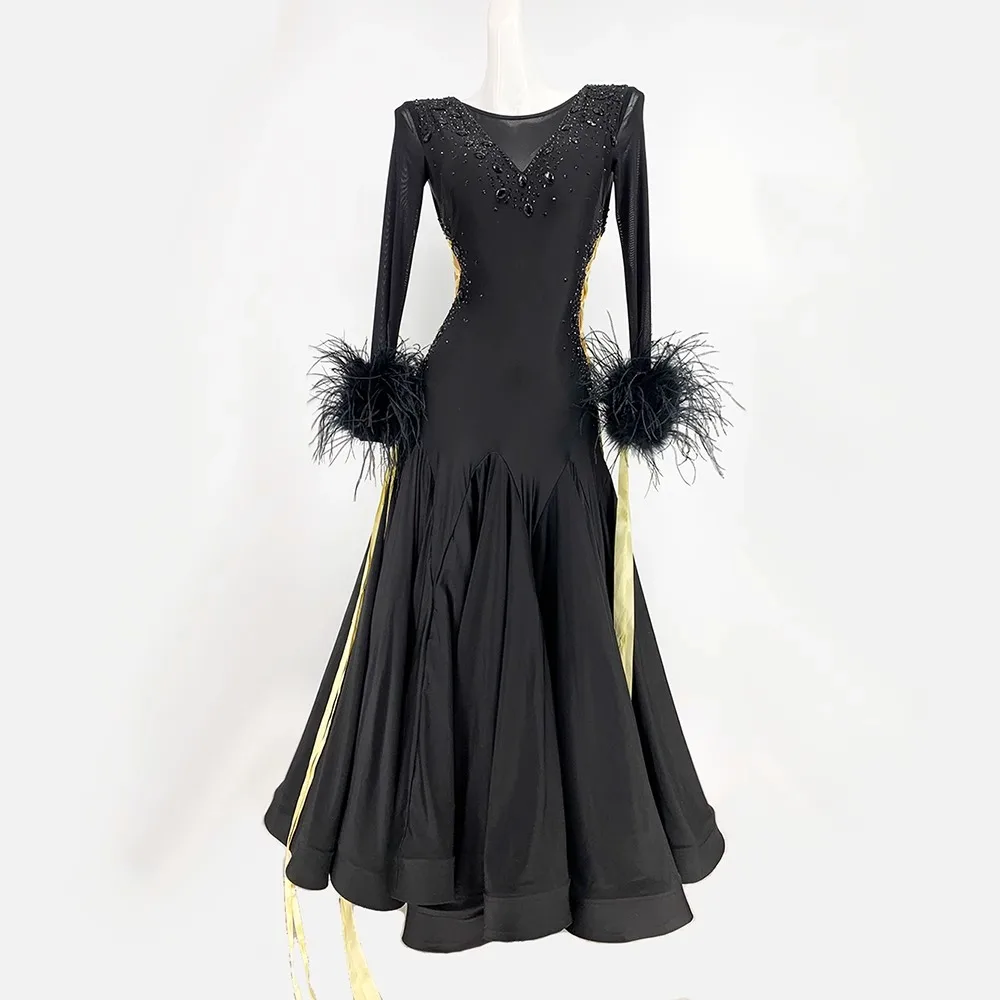 

Ballroom Dress Customized Feather Open Back Strap Diamond Large Hem Tango Waltz Adult Stage Professional Clothing