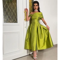 olive green taffeta short prom dress off shoulder sleeves formal evening dresses ankle length saudi arabic party gowns