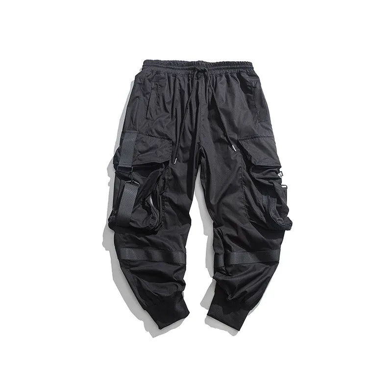 

Techwear Black Ribbons Cargo Pants Men Hip Hop Tactics Harajuku Streetwear Loose Ankle-length Trousers Multi-Pocket Male Joggers