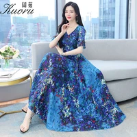 2022 summer floral chiffon vintage midi dress boho beach maxi evening dresses for women elegant bodycon party blue casual luxury