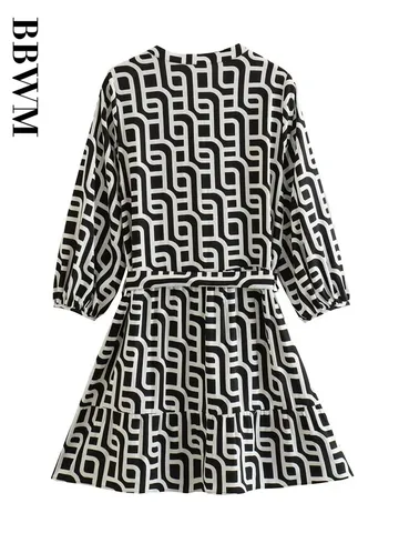 Geometric Print Dress Women Belt Mini Dress 2023 Summer Short Dresses Vintage Three Quarter Sleeve Chic Female Mini Dress