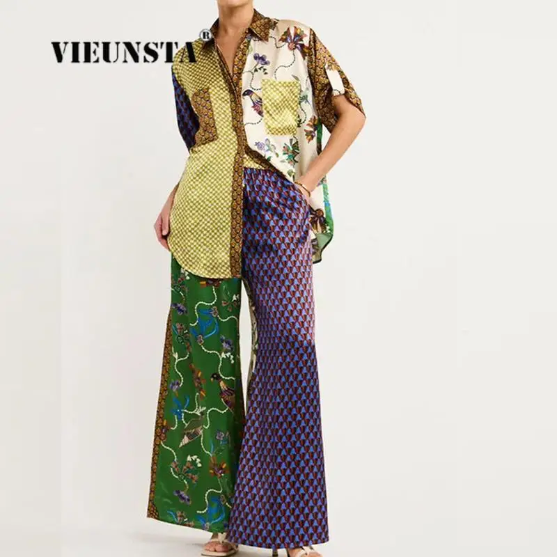 

2023 New Retro Outfits Women Printed Contrast Patchwork Short Sleeve Shirt Elastic Waist Wide Leg Pants Loose Suit Two-Piece Set
