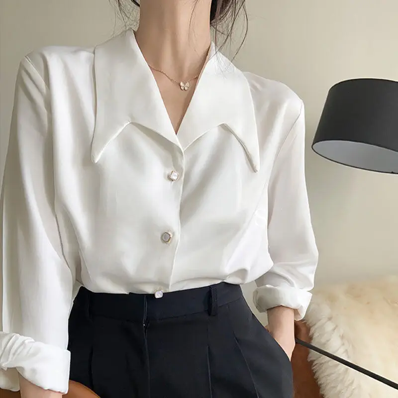 

French Style Shirts for Women Sense of Luxury White Elegant Button Up Shirt Long Sleeve Loose All-match Fall Trendy Clothing